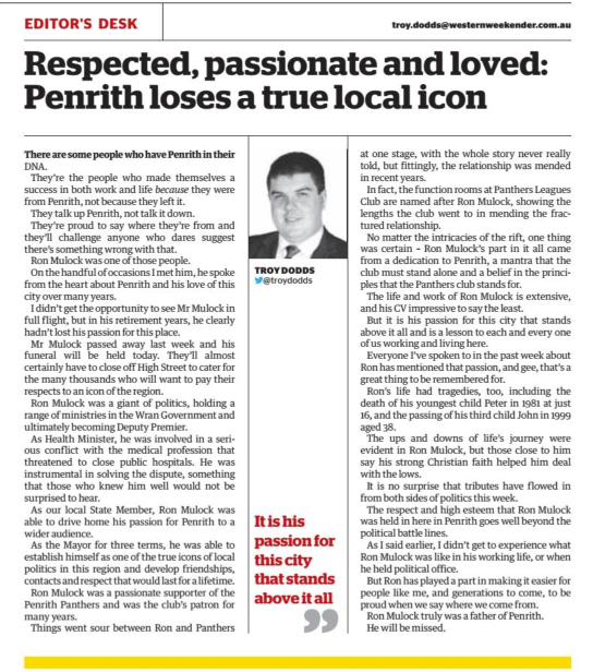Western Weekender article titled “Respected, passionate and loved: Penrith loses a true local icon” featuring Ron Mulock (2014)